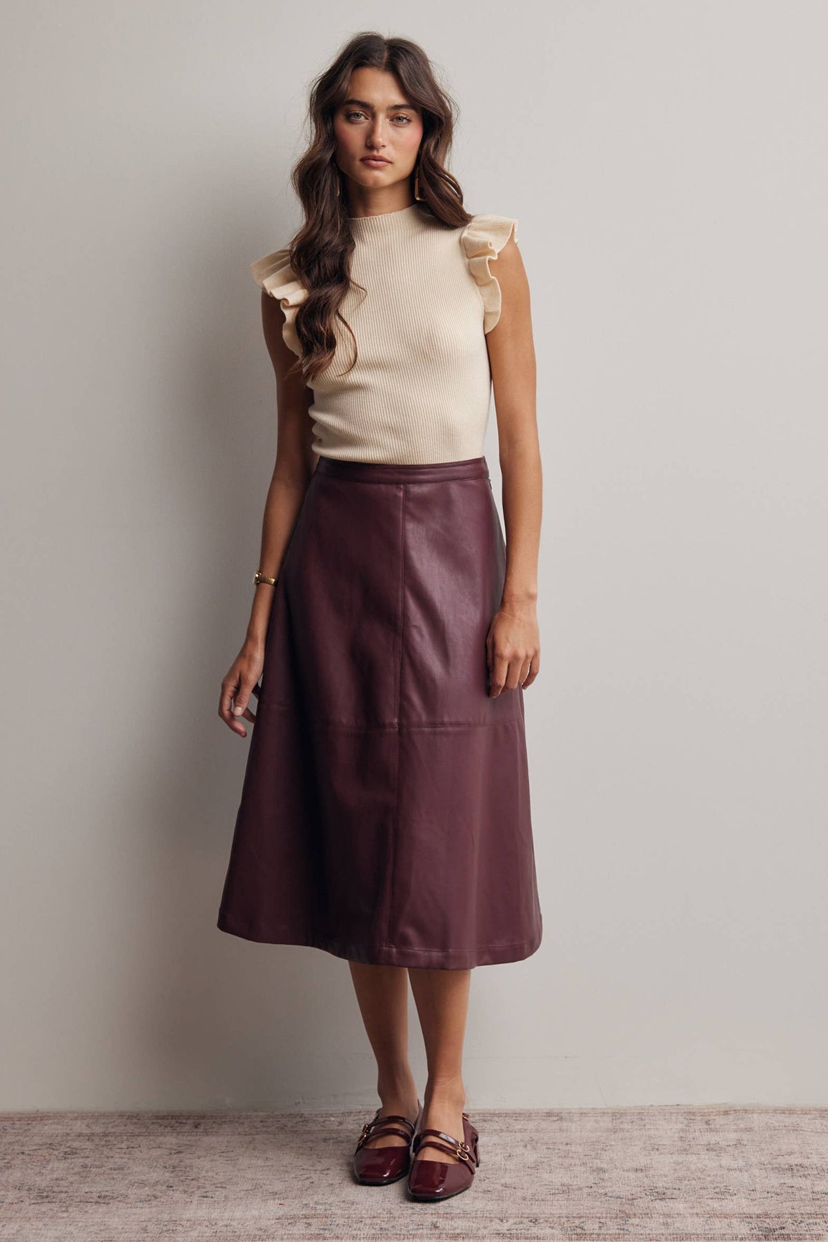 Faux Leather A-Line Midi Skirt