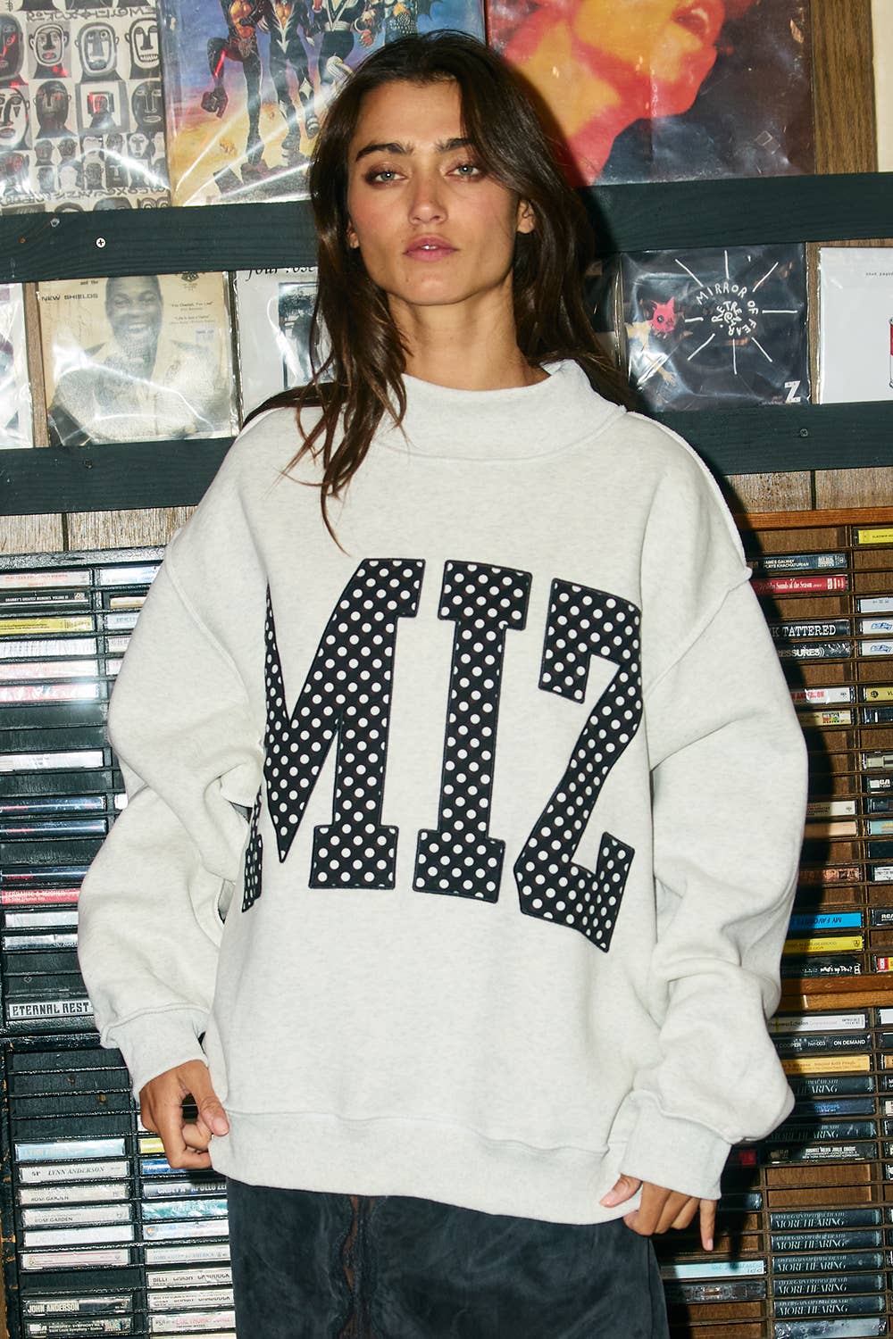 MIZ Polka-Dot Applique Mock-Neck Sweatshirt