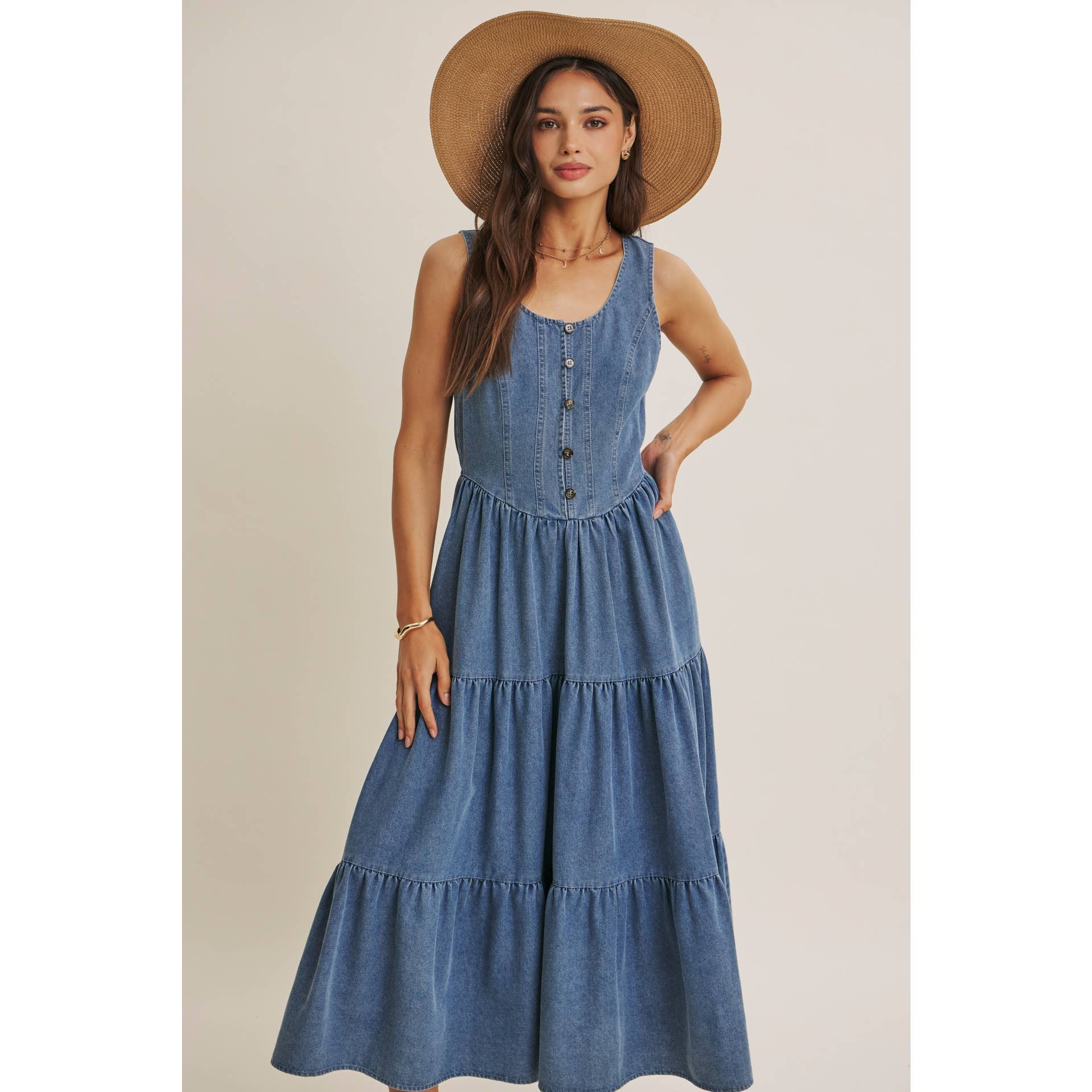 DENIM TIERED MIDI DRESS