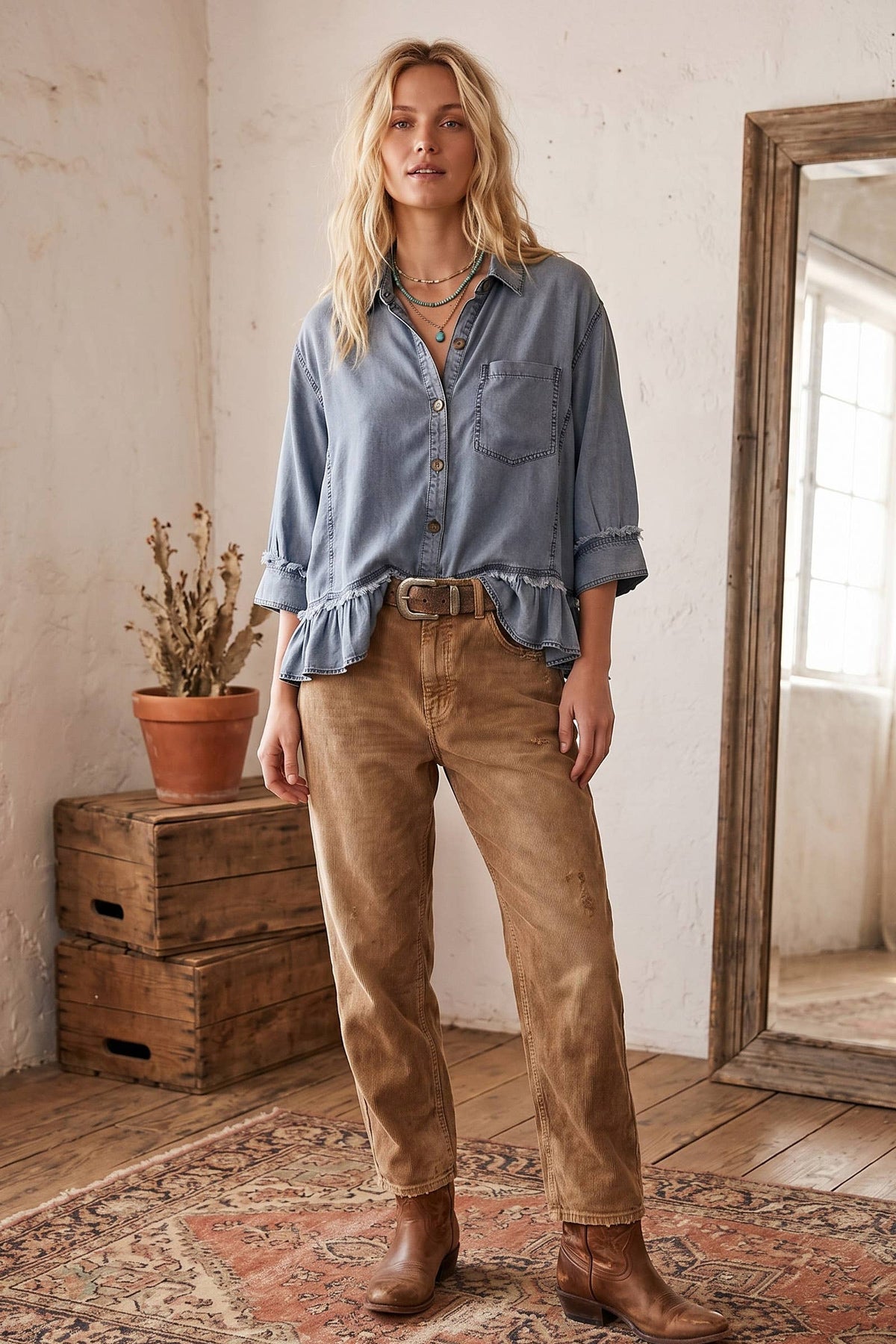 Mineral Washed Ruffle Hem Shirt