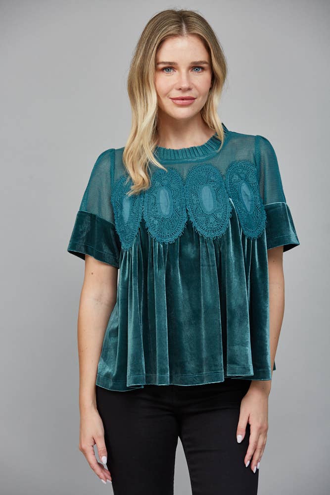 LACE DETAIL VELVET BABYDOLL TOP