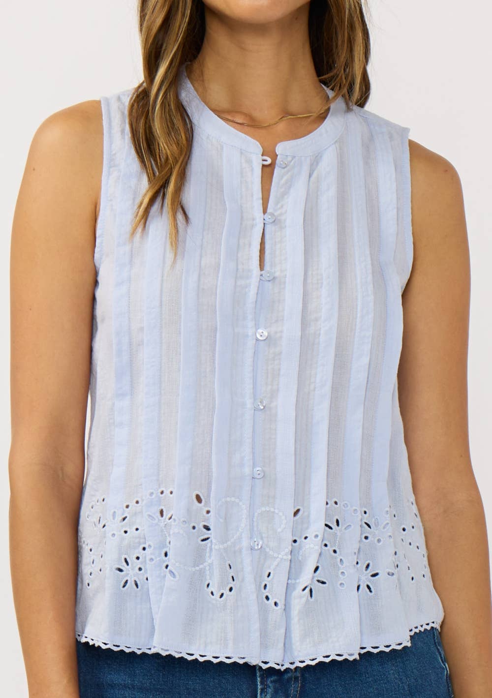 Button Front Pintuck Tank With Embroidery