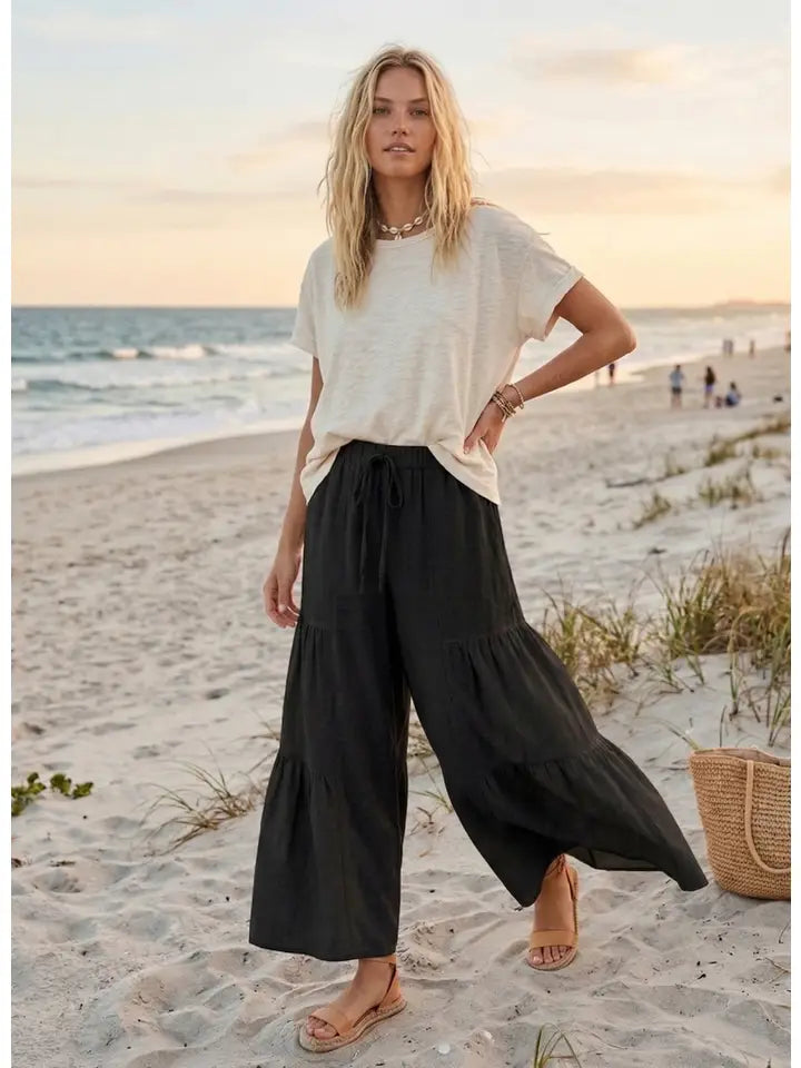 Linen Blend Tiered Wide Leg Pants