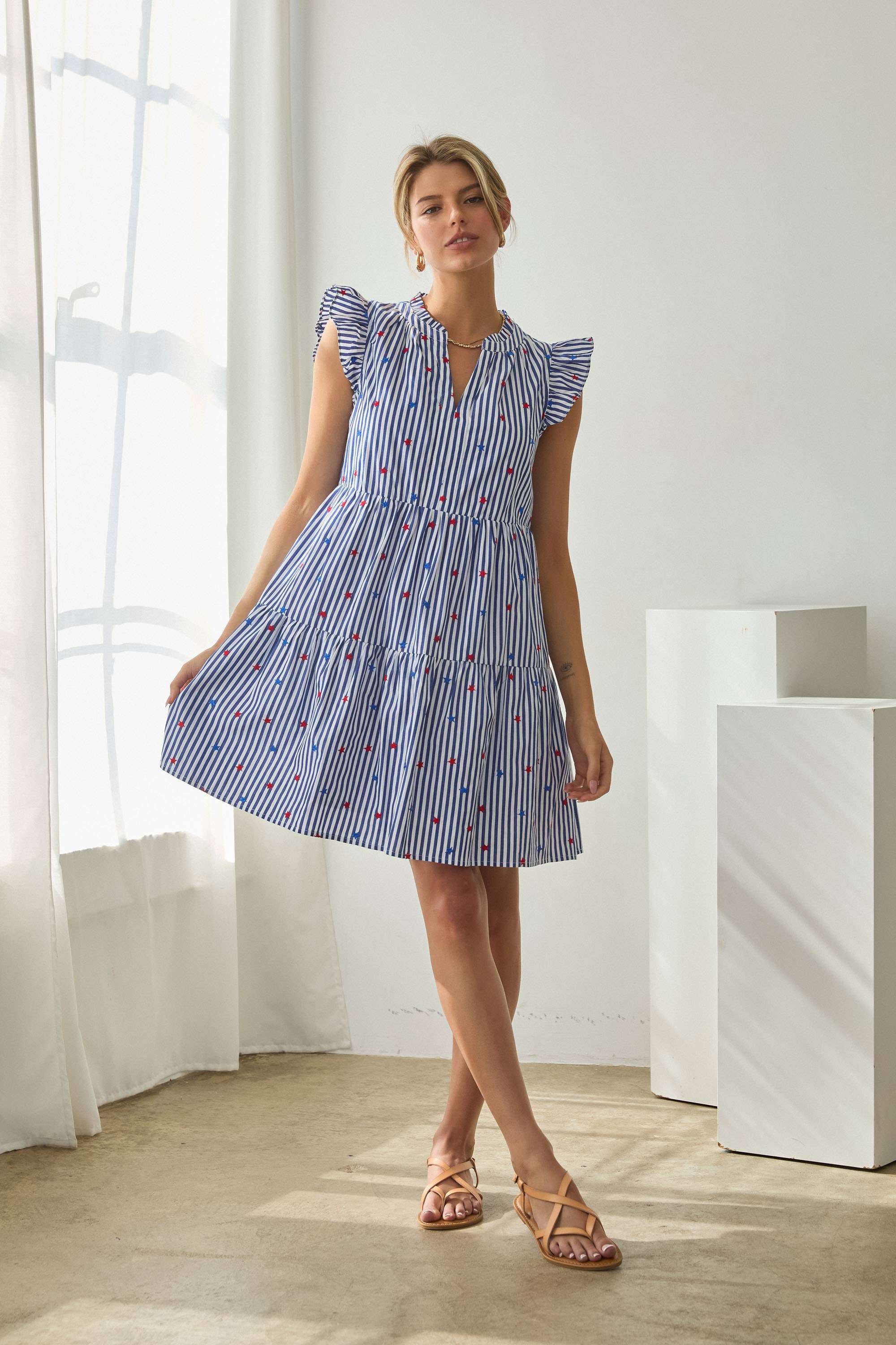 Striped Dress with Star Embroidery