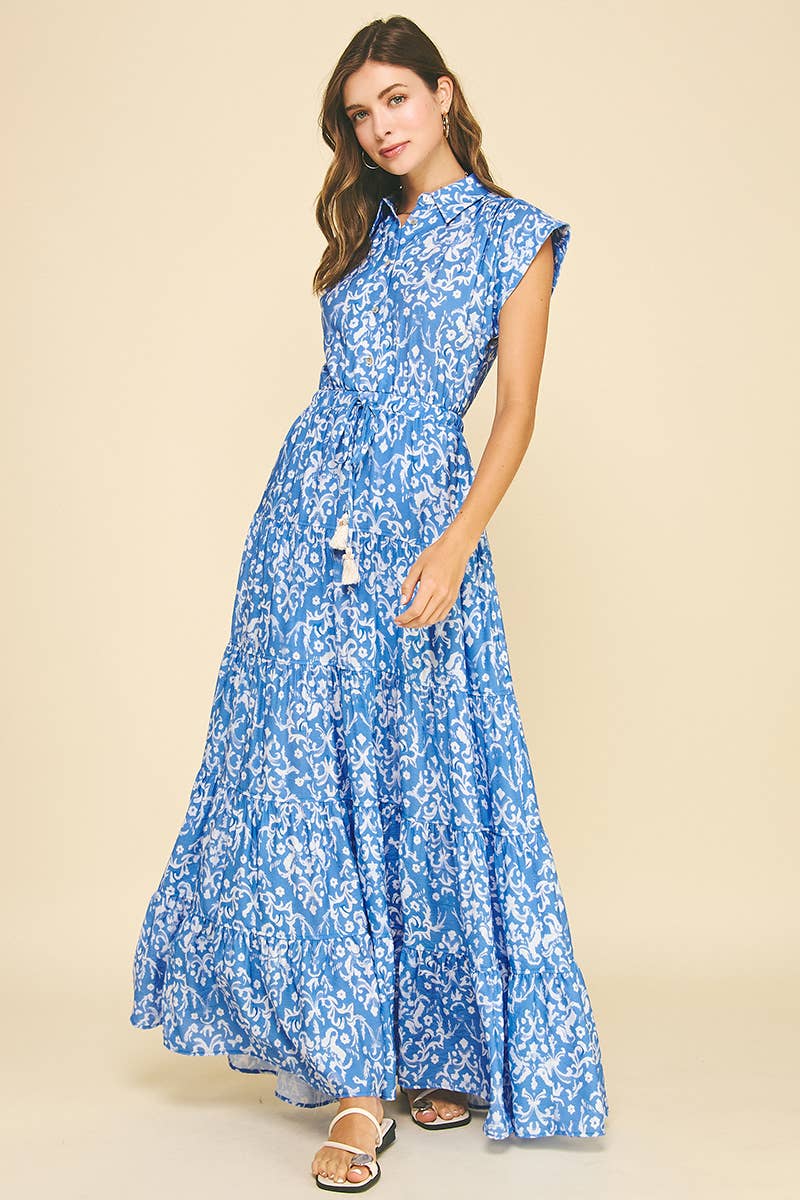 DAMASK PRINT TIERED MAXI DRESS