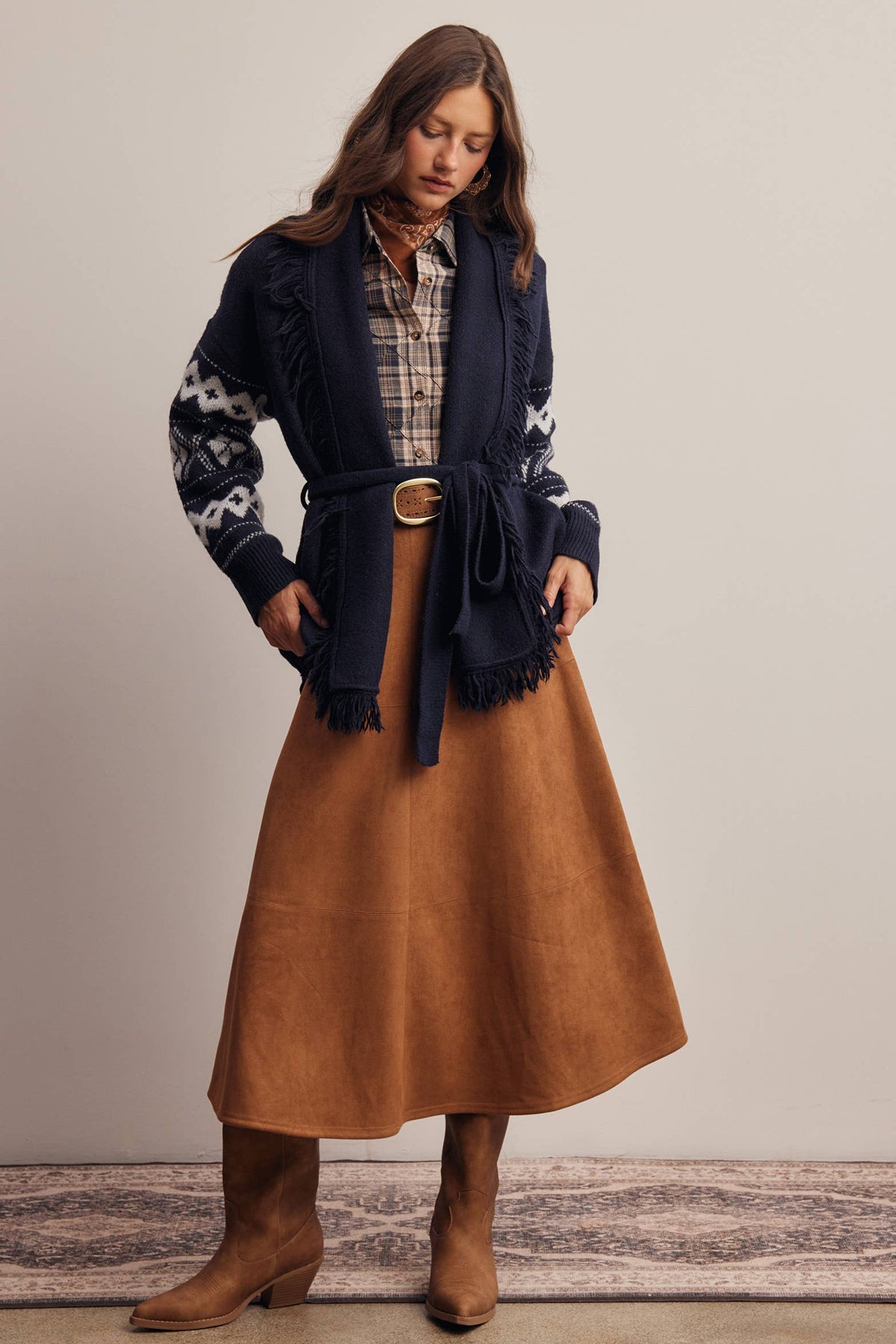 Fringe Trim Belted Western Cardigan