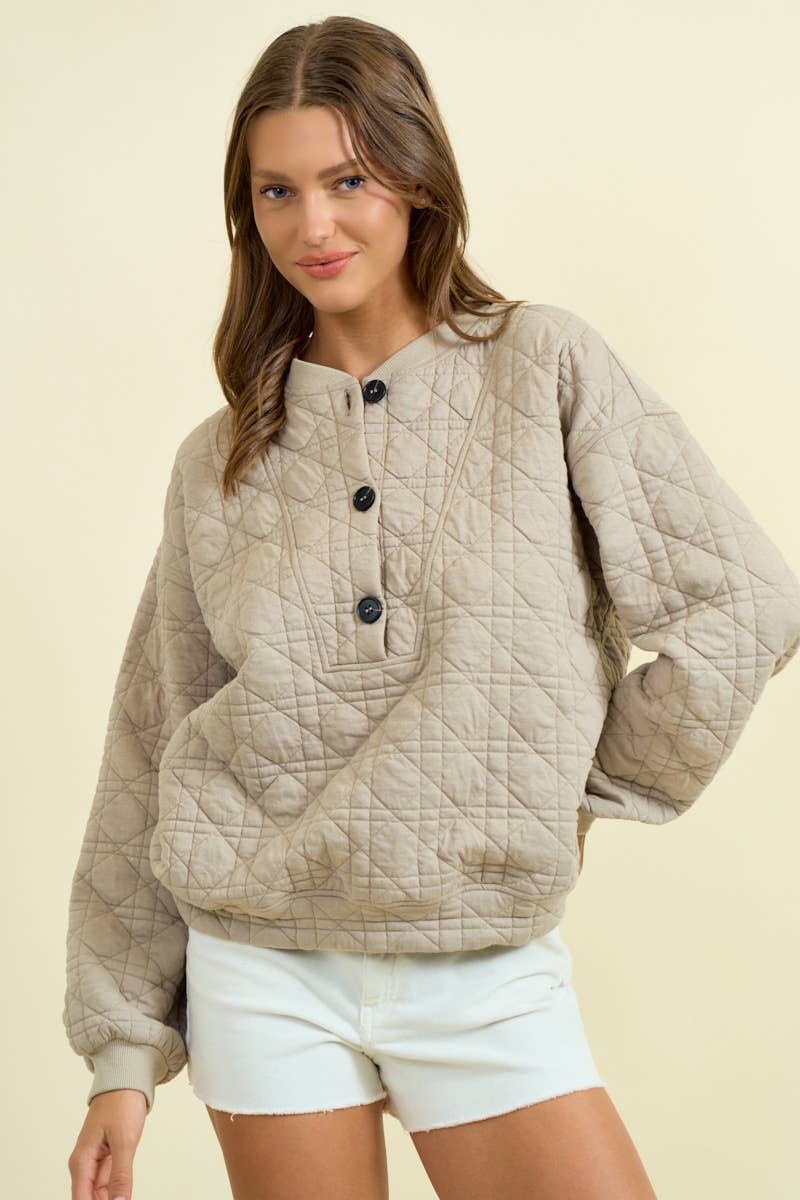 QUILTED BUTTON FRONT SWEATSHIRT