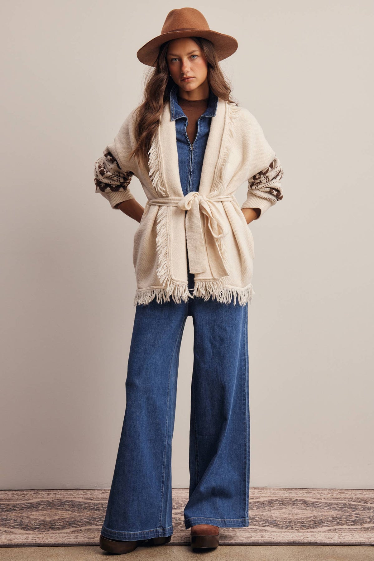 Fringe Trim Belted Western Cardigan