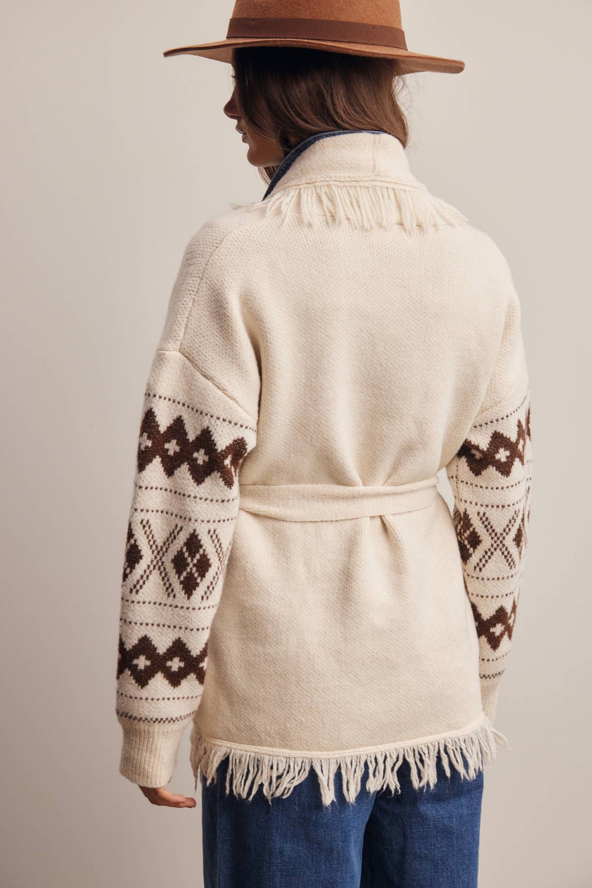 Fringe Trim Belted Western Cardigan