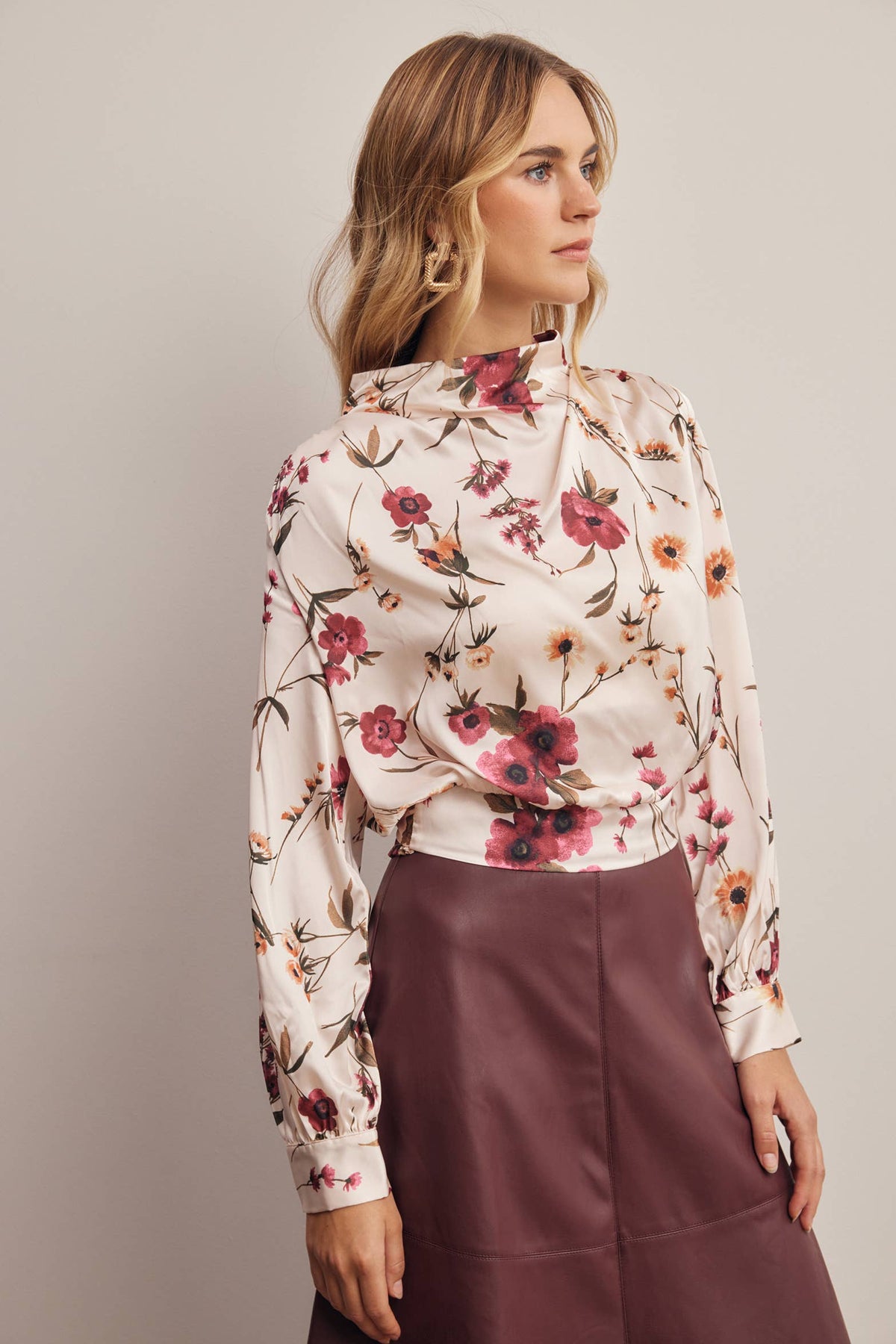 Floral Mock Neck Tie Back Blouse