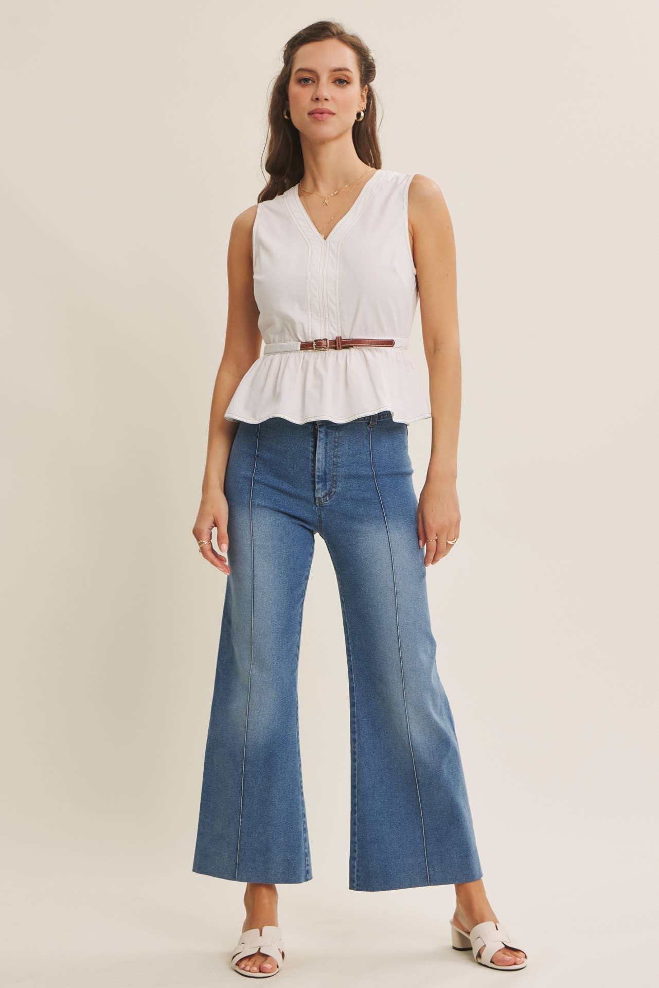 PINTUCK ANKLE LENGTH WIDE-LEG DENIM PANTS