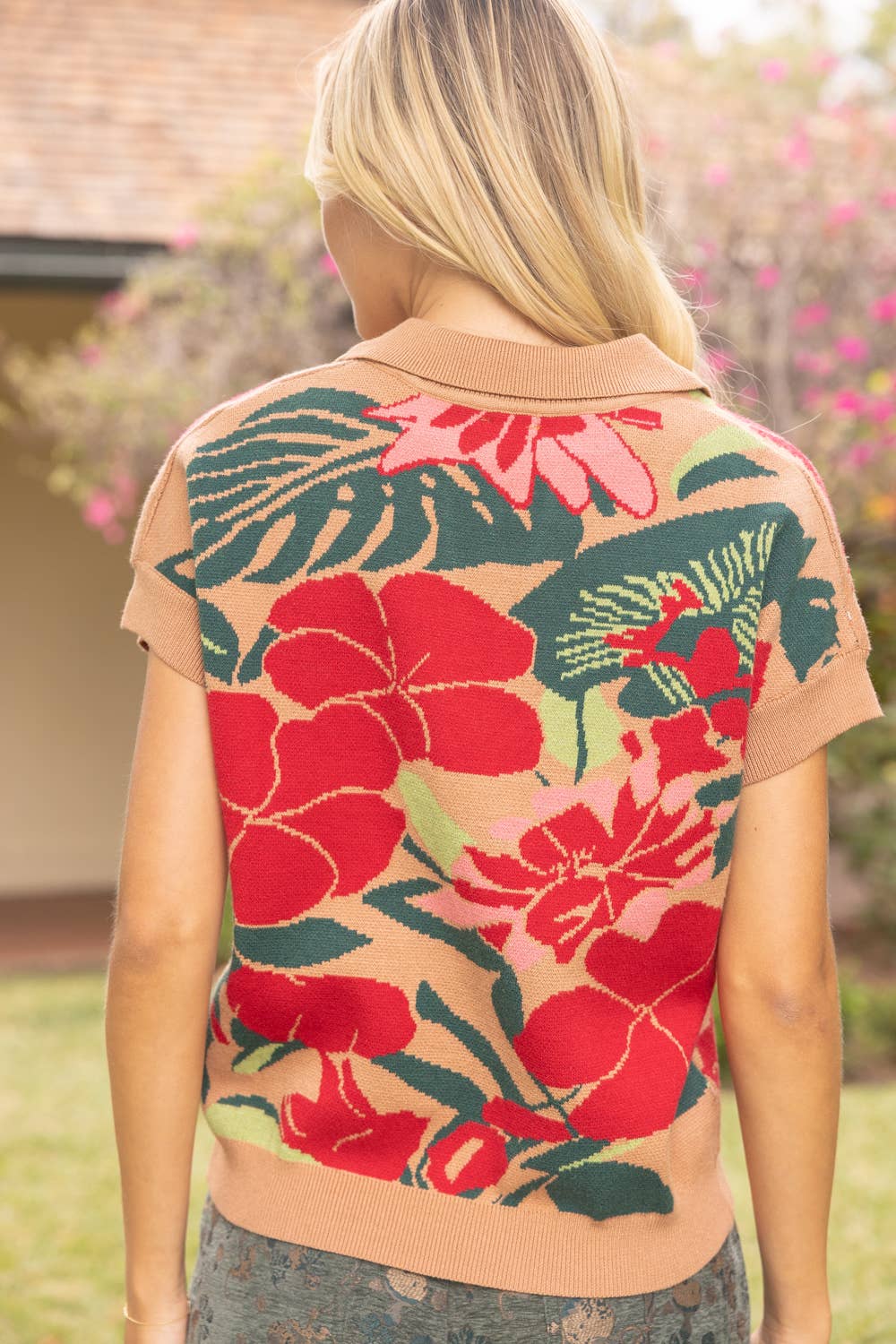 37022 Collared V-Neck Over Shoulder Floral Print Knit Top