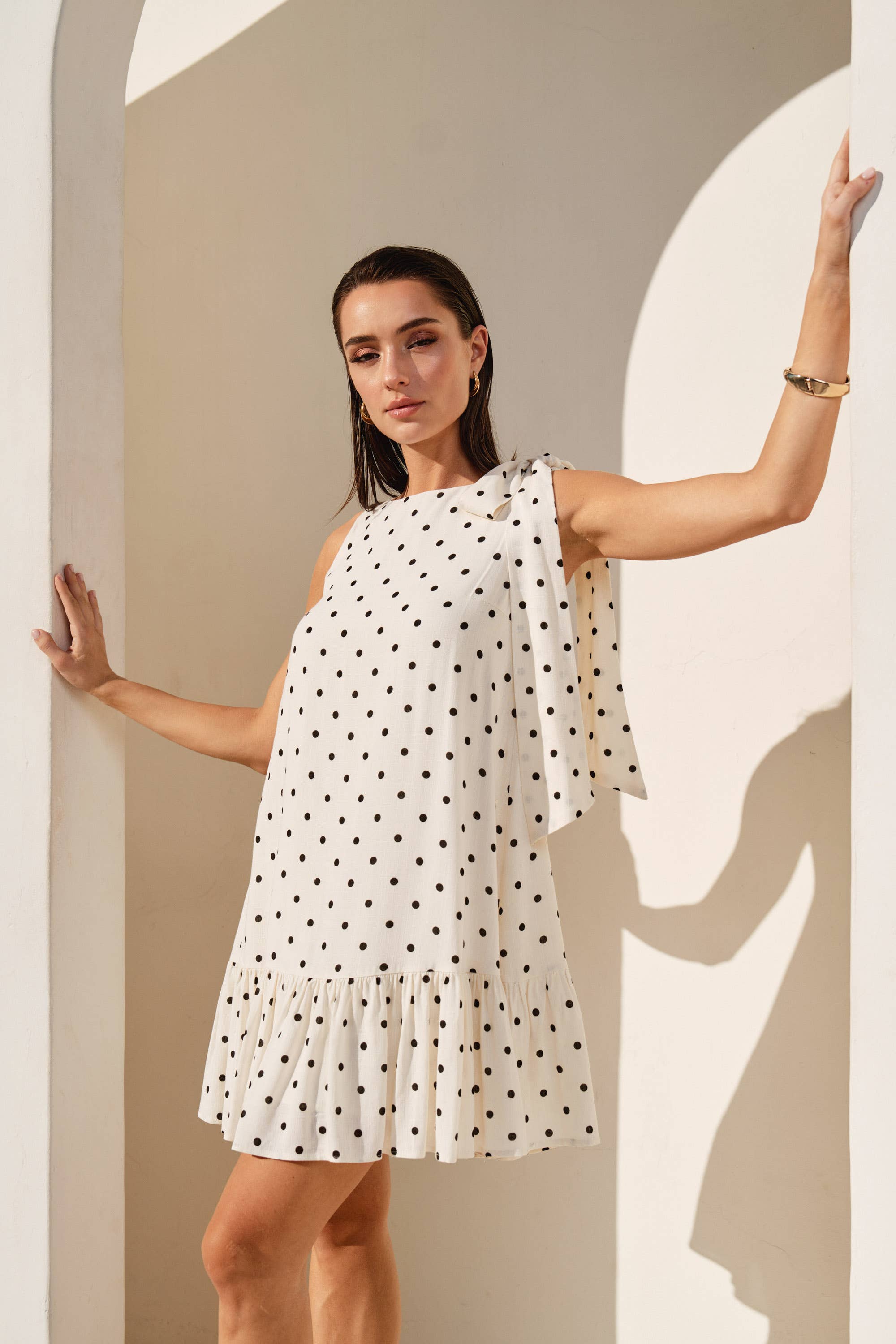 Polka Dot Bow Shoulder Mini Dress