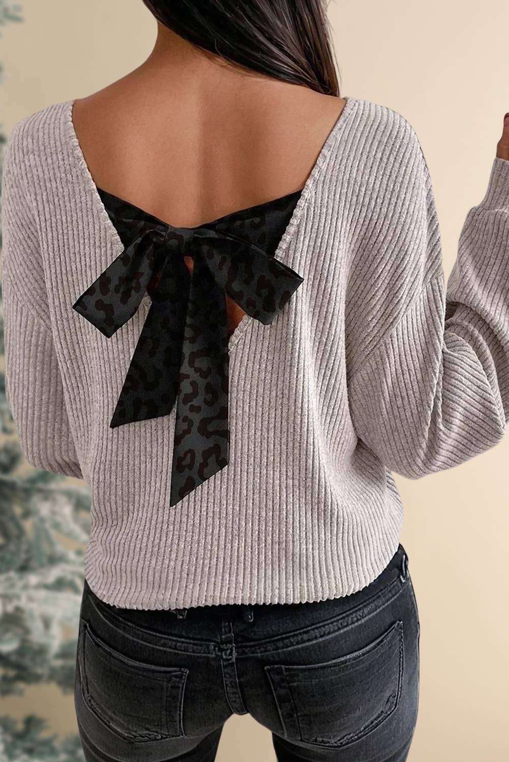 Leopard Print Back Bow Tie Blouse