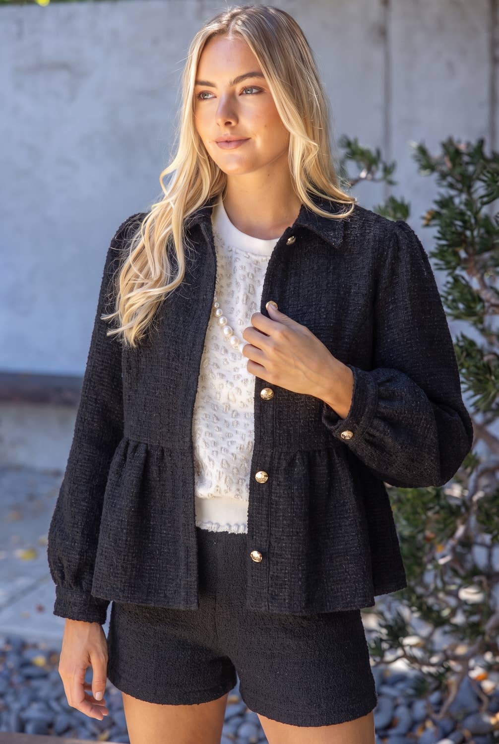 Gold Button Tweed Peplum Jacket