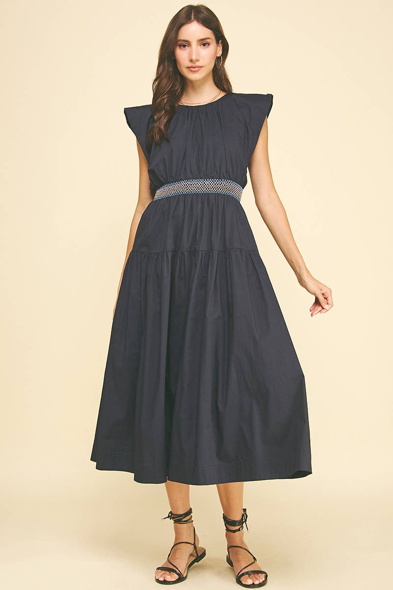 MIDI DRESS WITH SMOCKED WAISTBAND