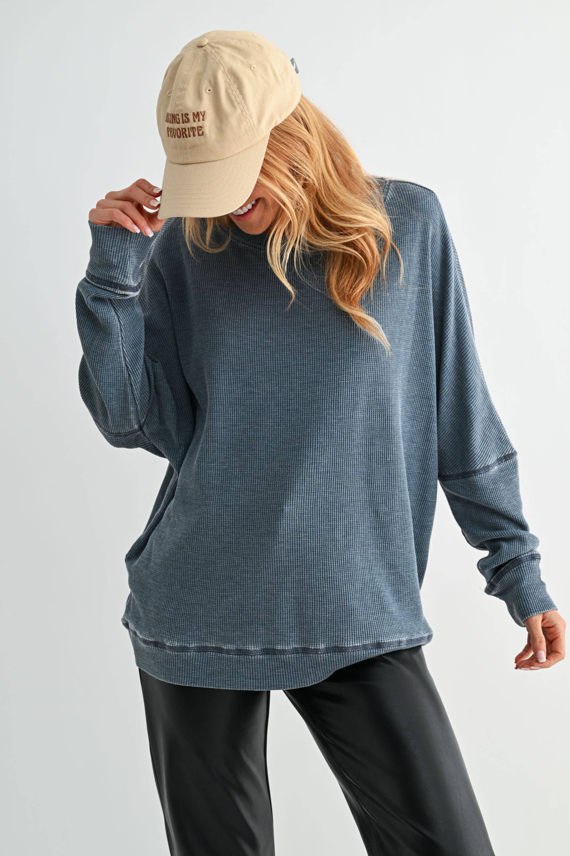 Waffle Ribbed Roundneck Pullover