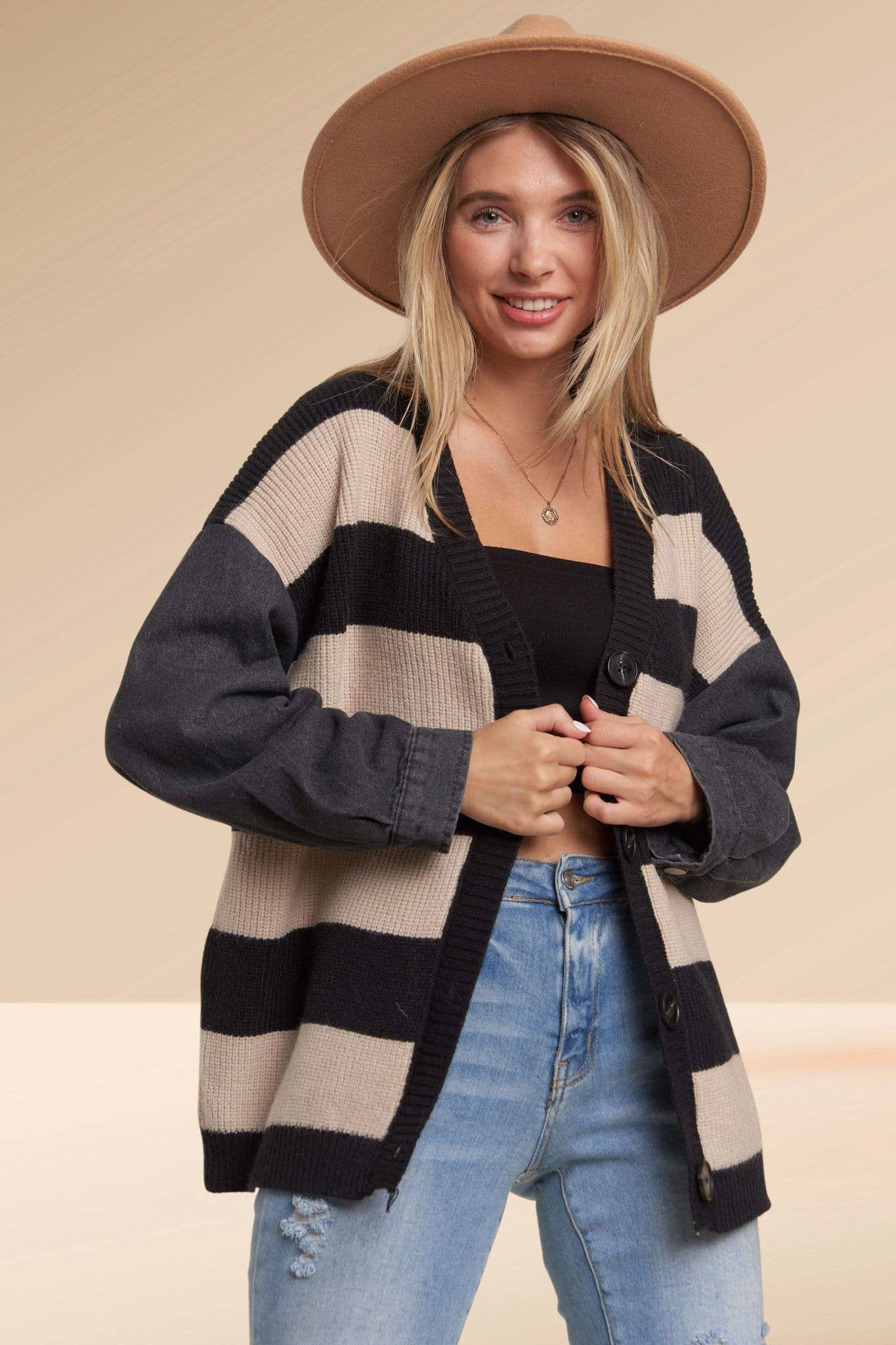 DENIM SLEEVE STRIPE CARDIGAN