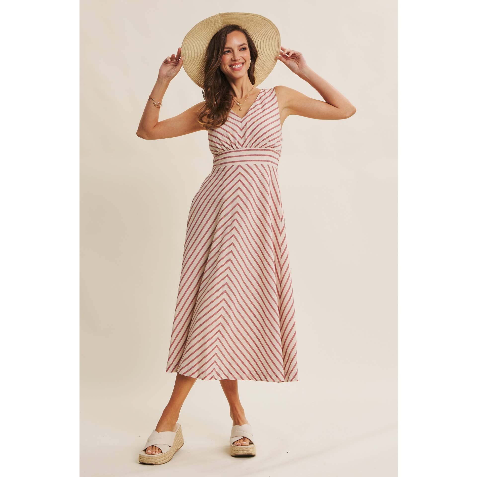 STRIPE FIT AND FLARE MIDI DRESS