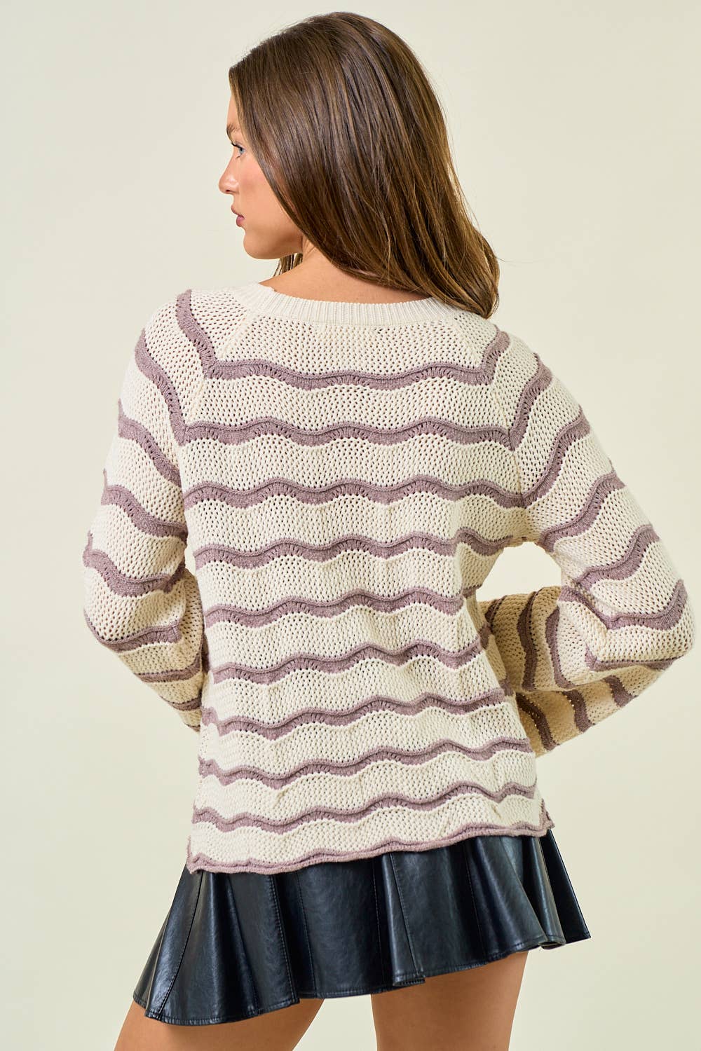 STRIPED POINTELLE BELL SLEEVE SWEATER TOP