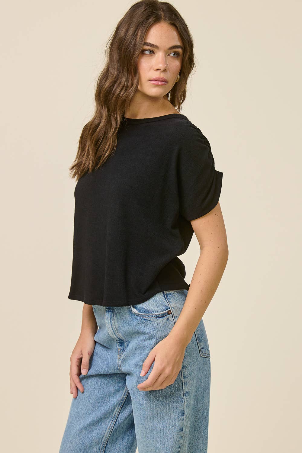 Ruched Shoulder Crepe Hacci Top
