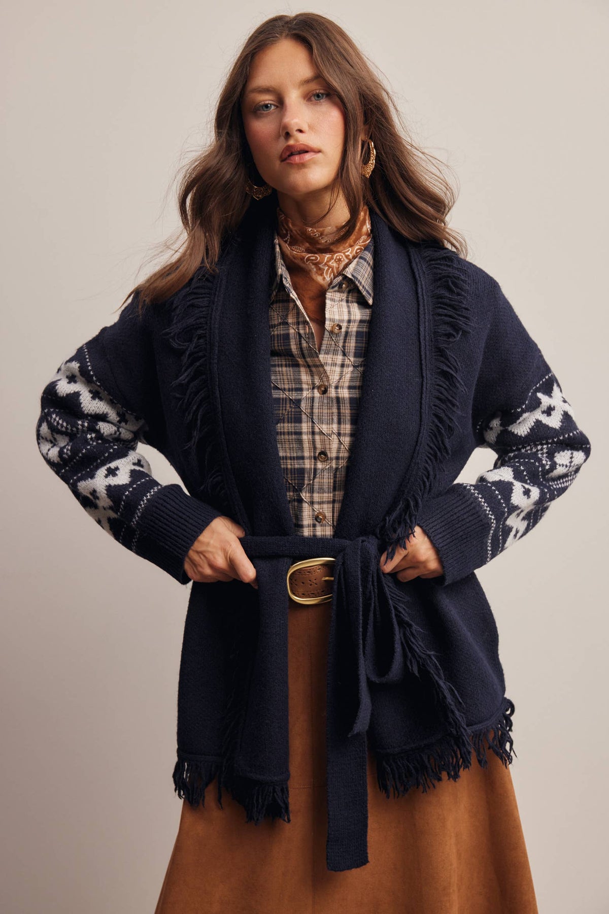 Fringe Trim Belted Western Cardigan