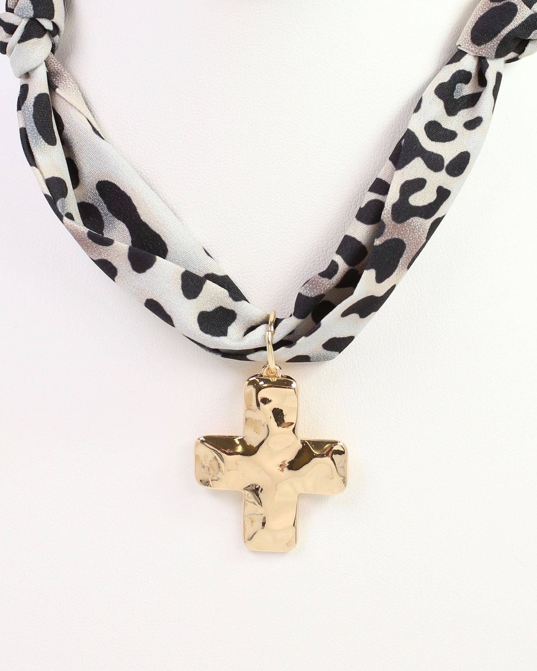 Elmhurst Cross Charm Scarf Necklace Taupe Leopard