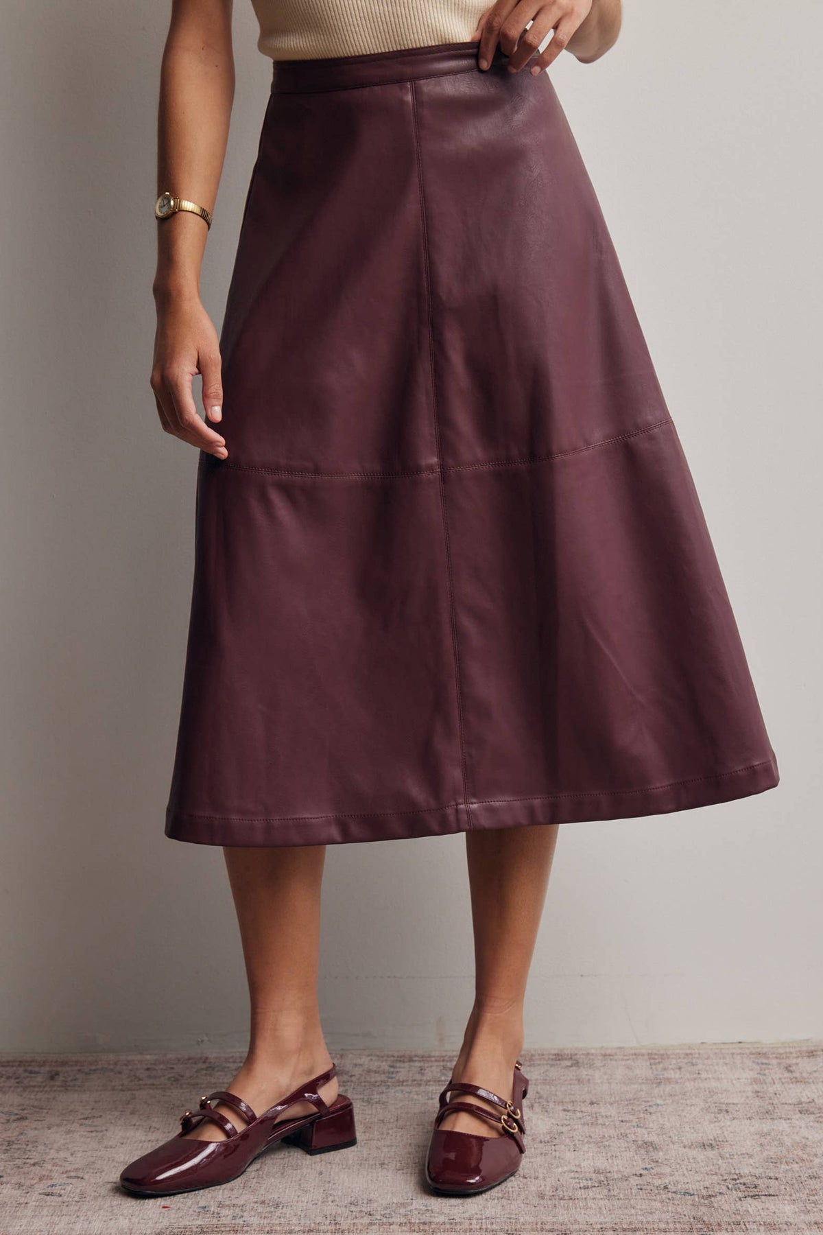 Faux Leather A-Line Midi Skirt