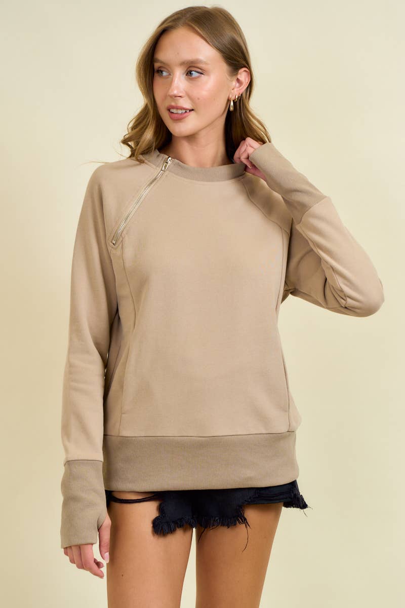Fleece Crewneck Zipper Closure Sweatshirt