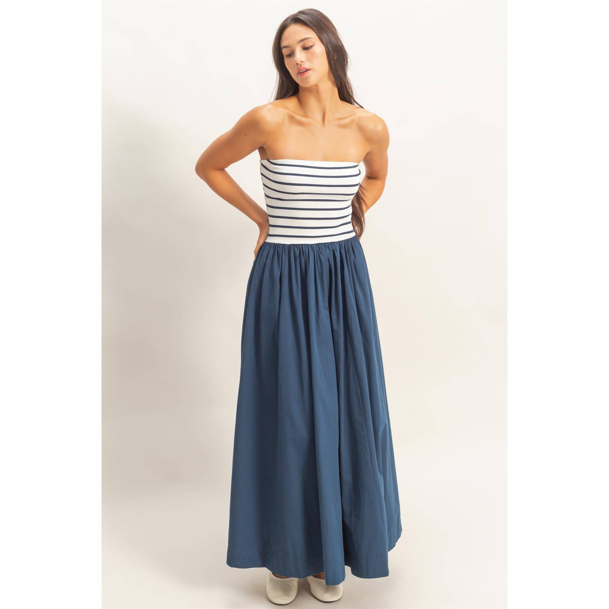 Striped Strapless Flowy Midi Dress