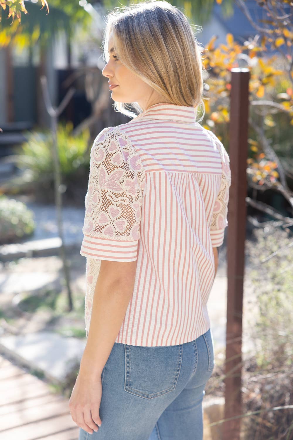V-Neck Stripe and Lace Mixed Fabric Top