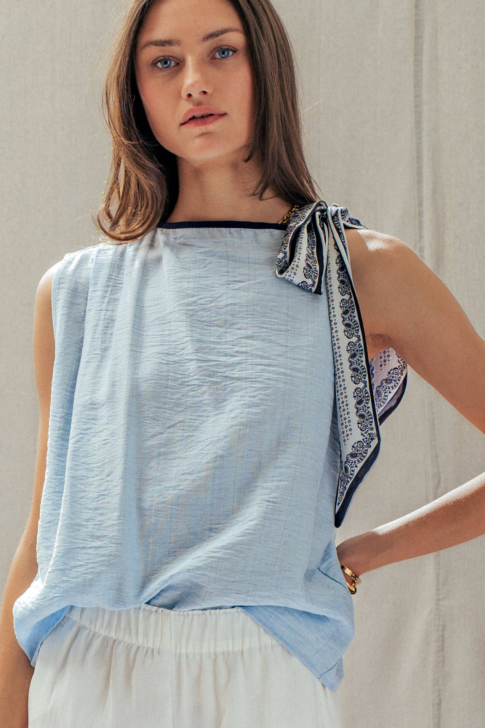 Paisley Scarf Tie Shoulder Linen Blend Top