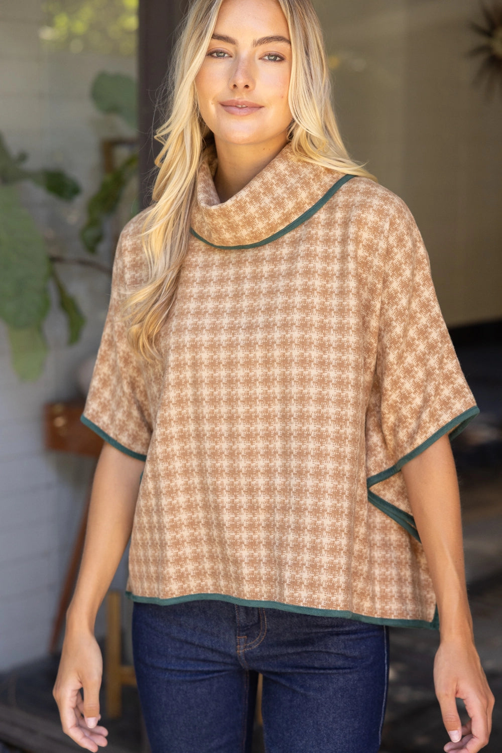 Cowl Neck Houndstooth Poncho