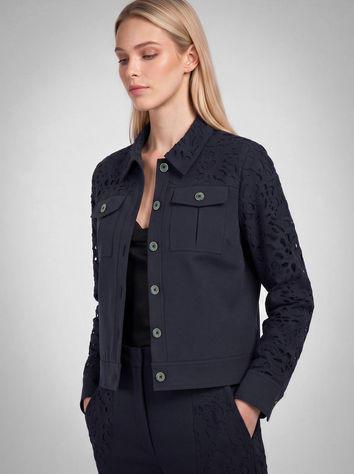 Lace-Paneled Long Sleeve Jacket