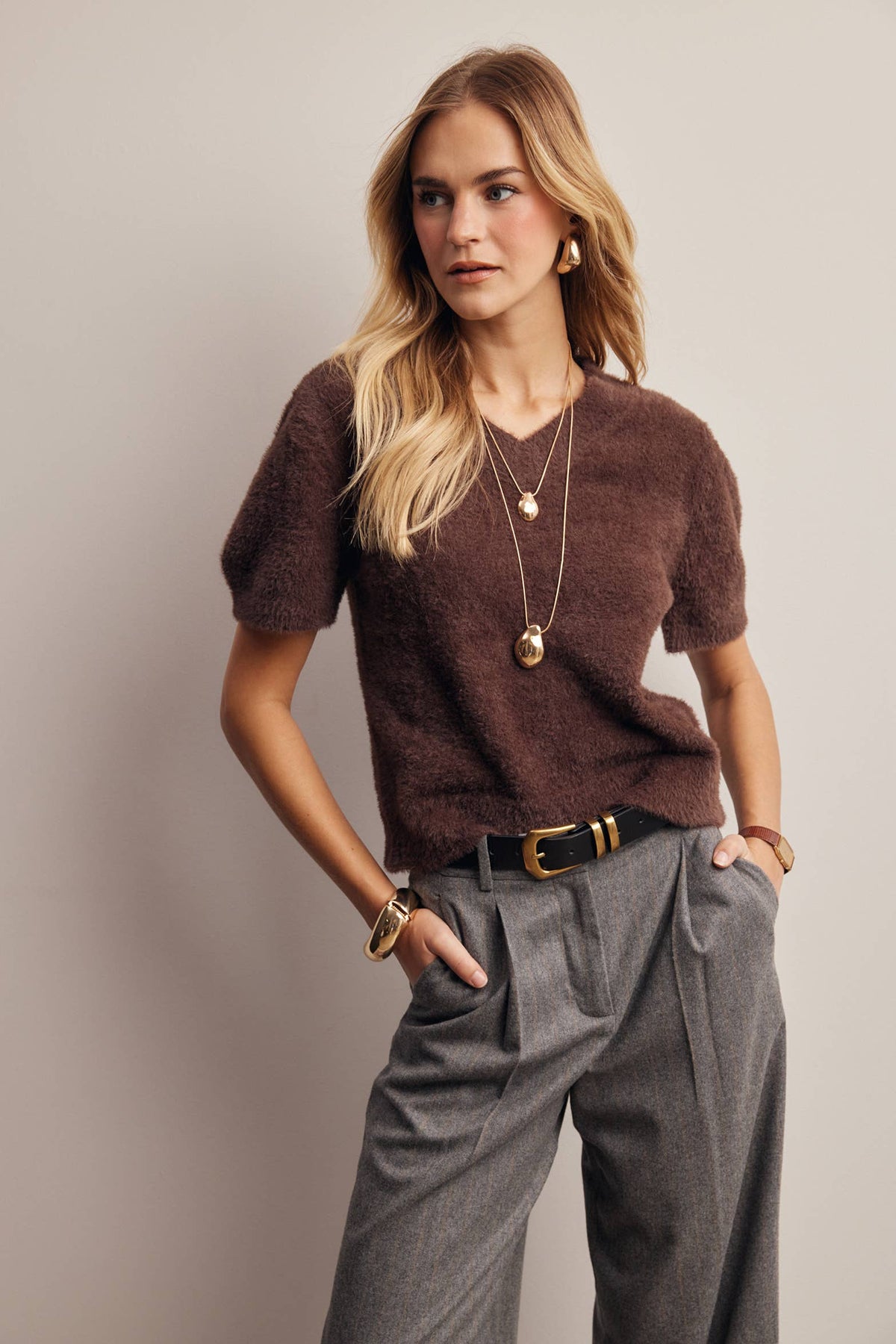 Fuzzy V-Neck Knit Top