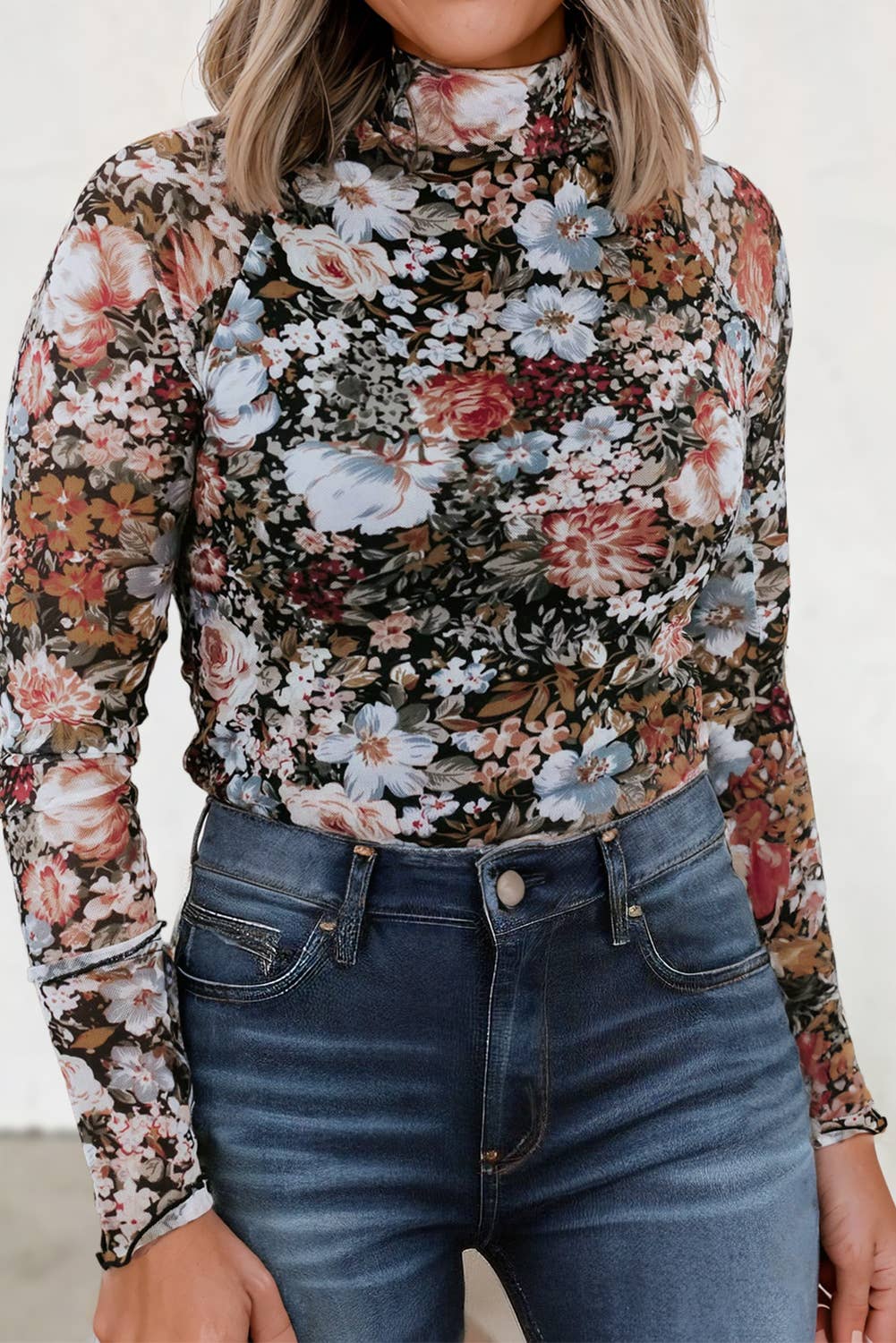 Floral Mesh Long Sleeve Blouse
