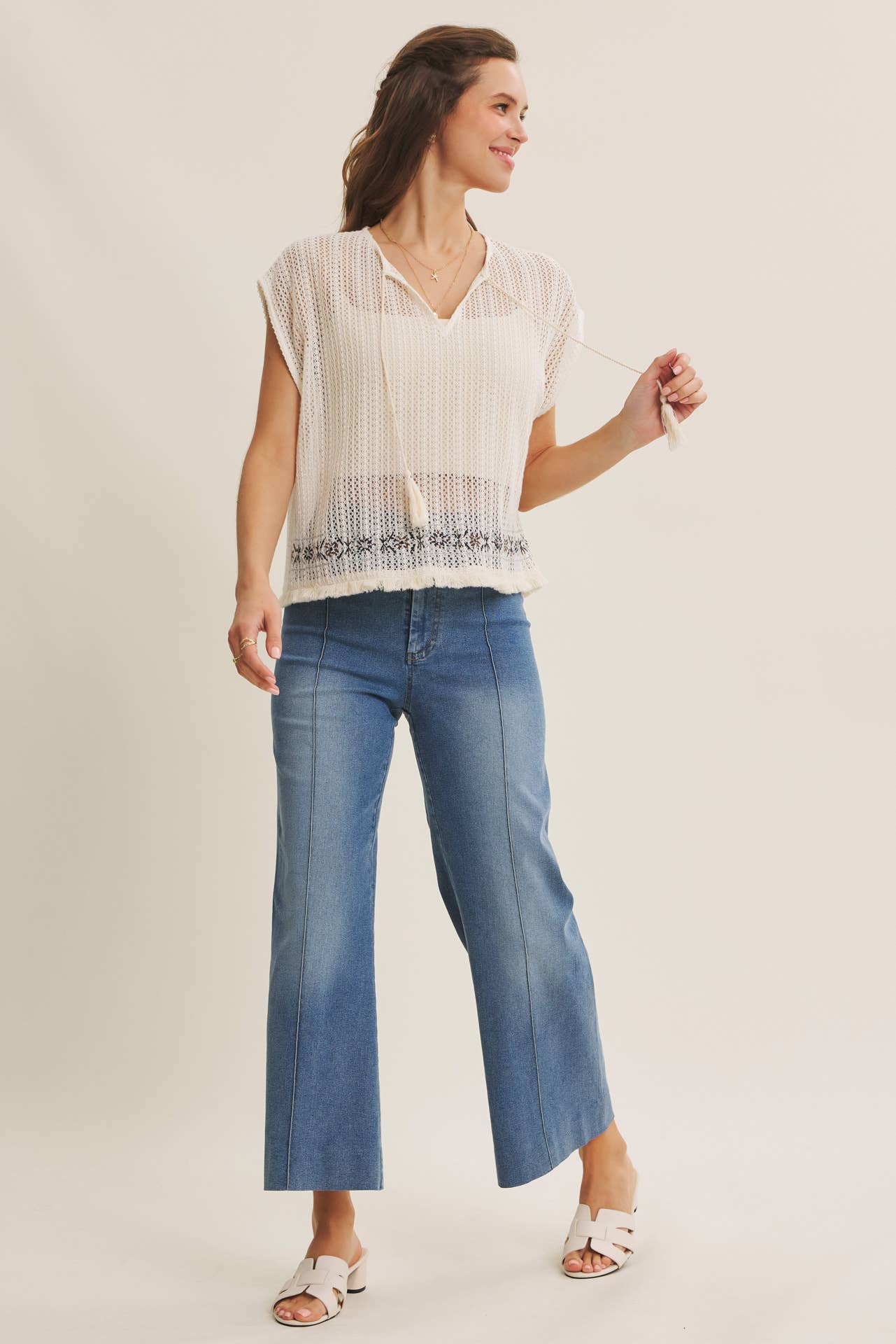 PINTUCK ANKLE LENGTH WIDE-LEG DENIM PANTS