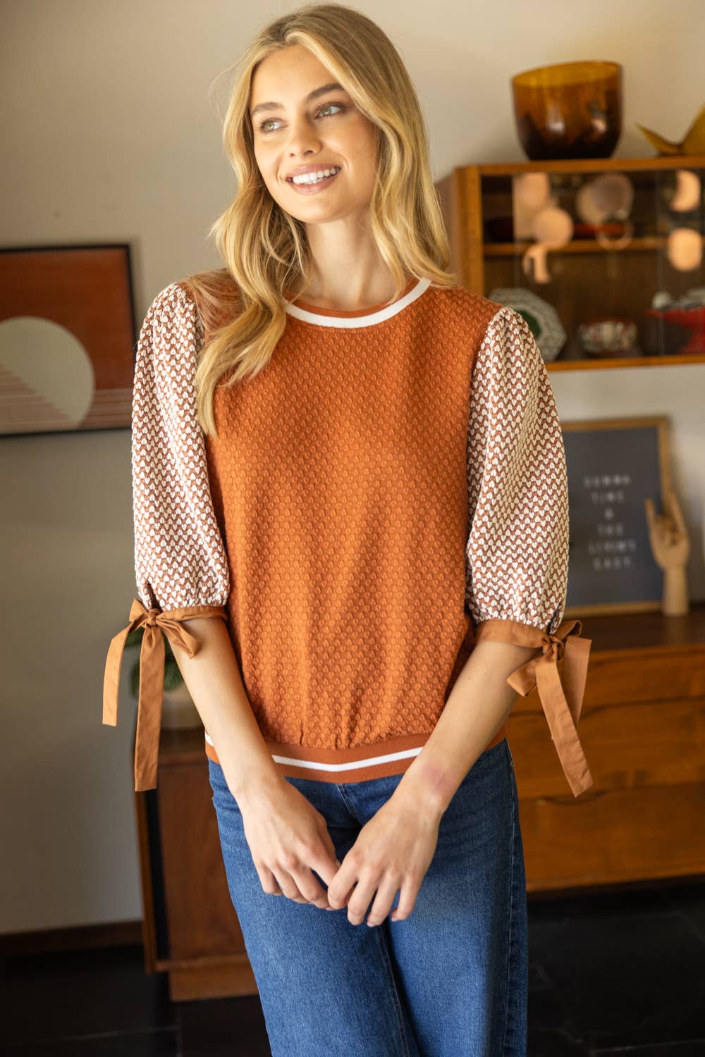 Textured Knit Bow Tie Sleeve Top