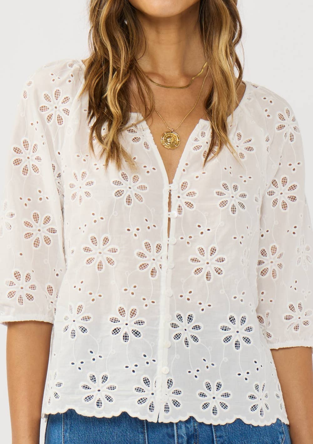 Floral Eyelet V-Neck Blouse