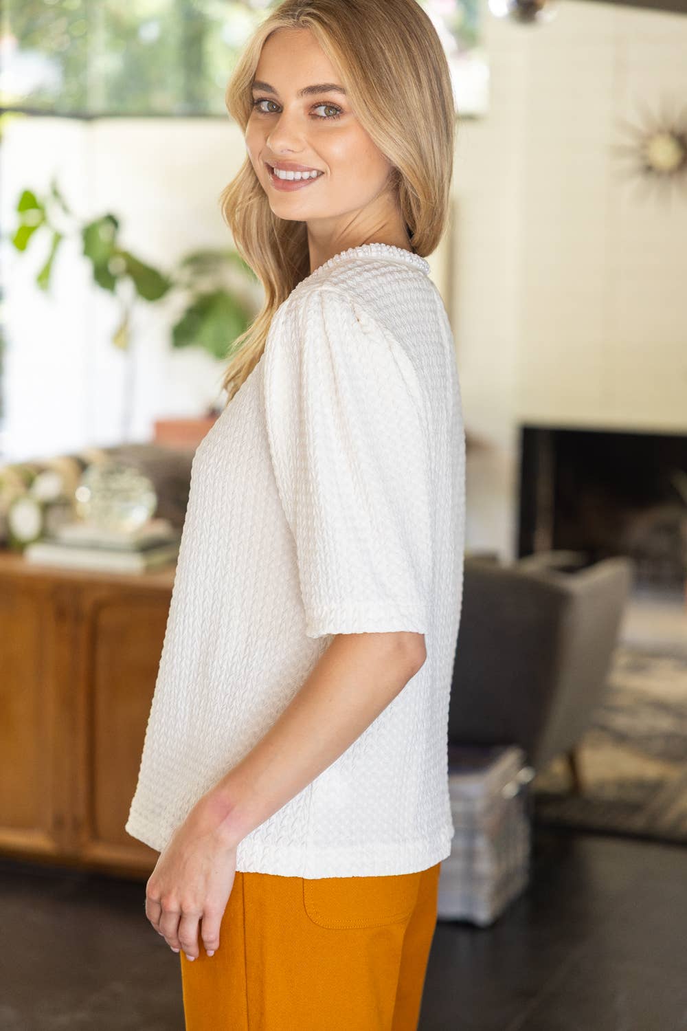 Pearl Neck Trim Textured Knit Top