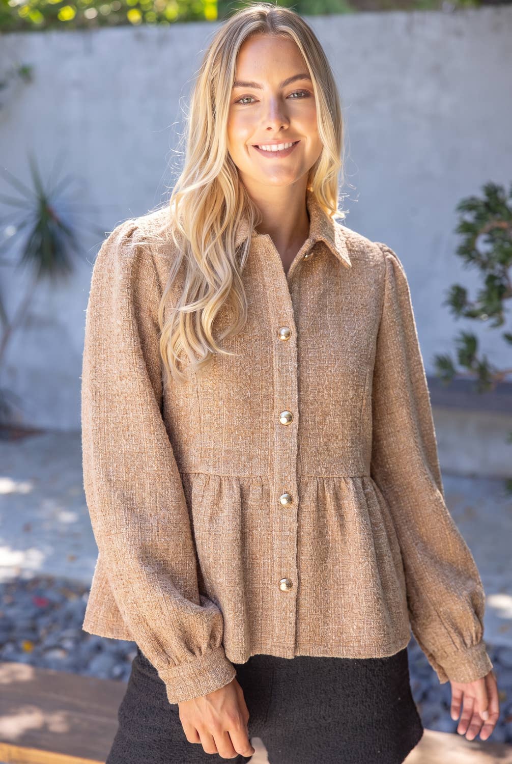 Gold Button Tweed Peplum Jacket