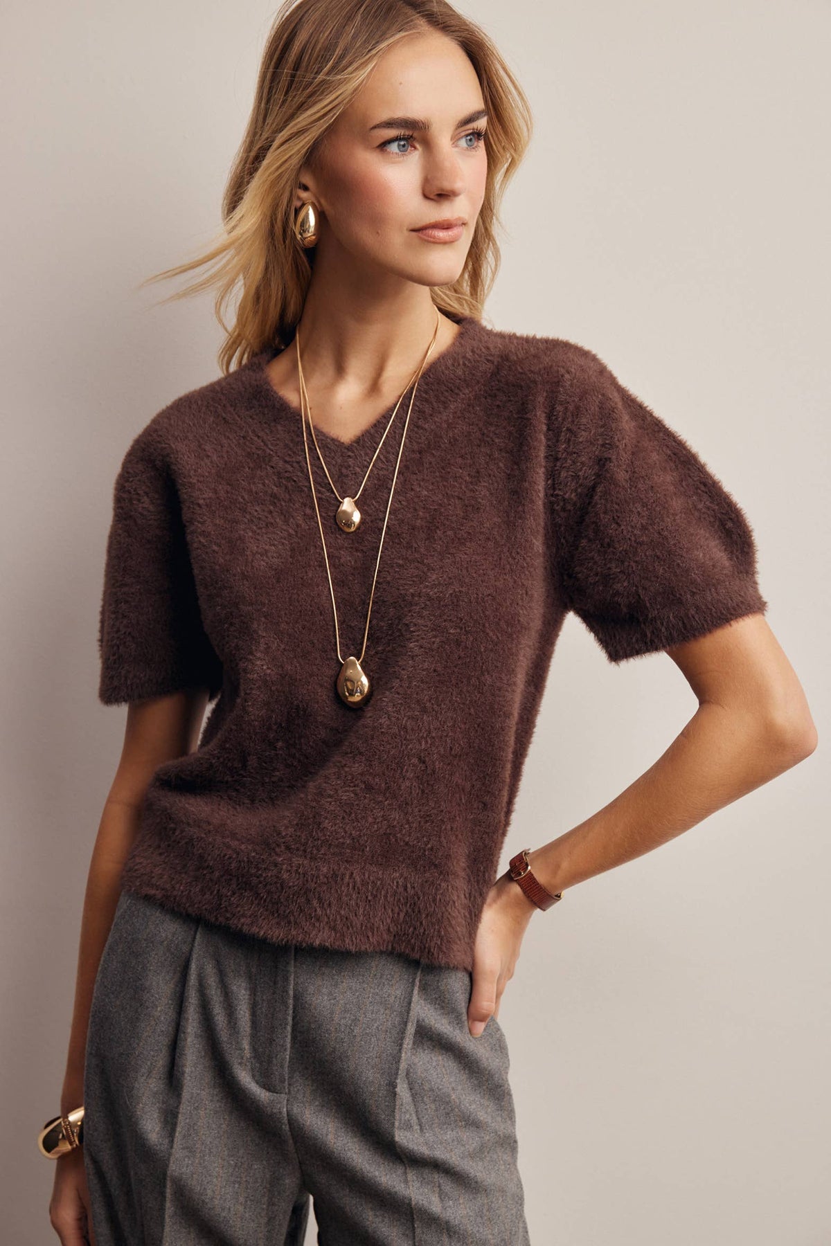 Fuzzy V-Neck Knit Top