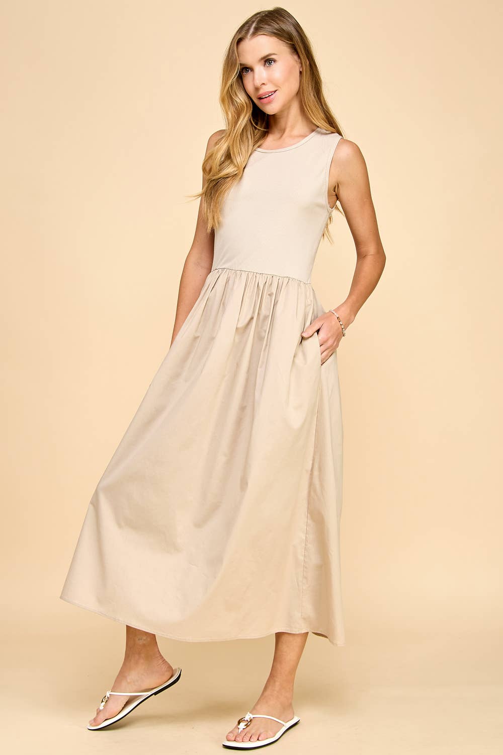 Solid Contrast Dress With Ribbed Top