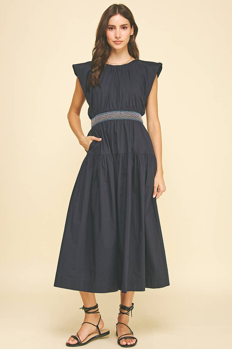 MIDI DRESS WITH SMOCKED WAISTBAND