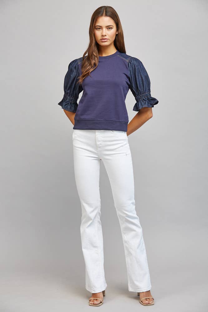 DENIM PUFF SLEEVE SWEATSHIRT