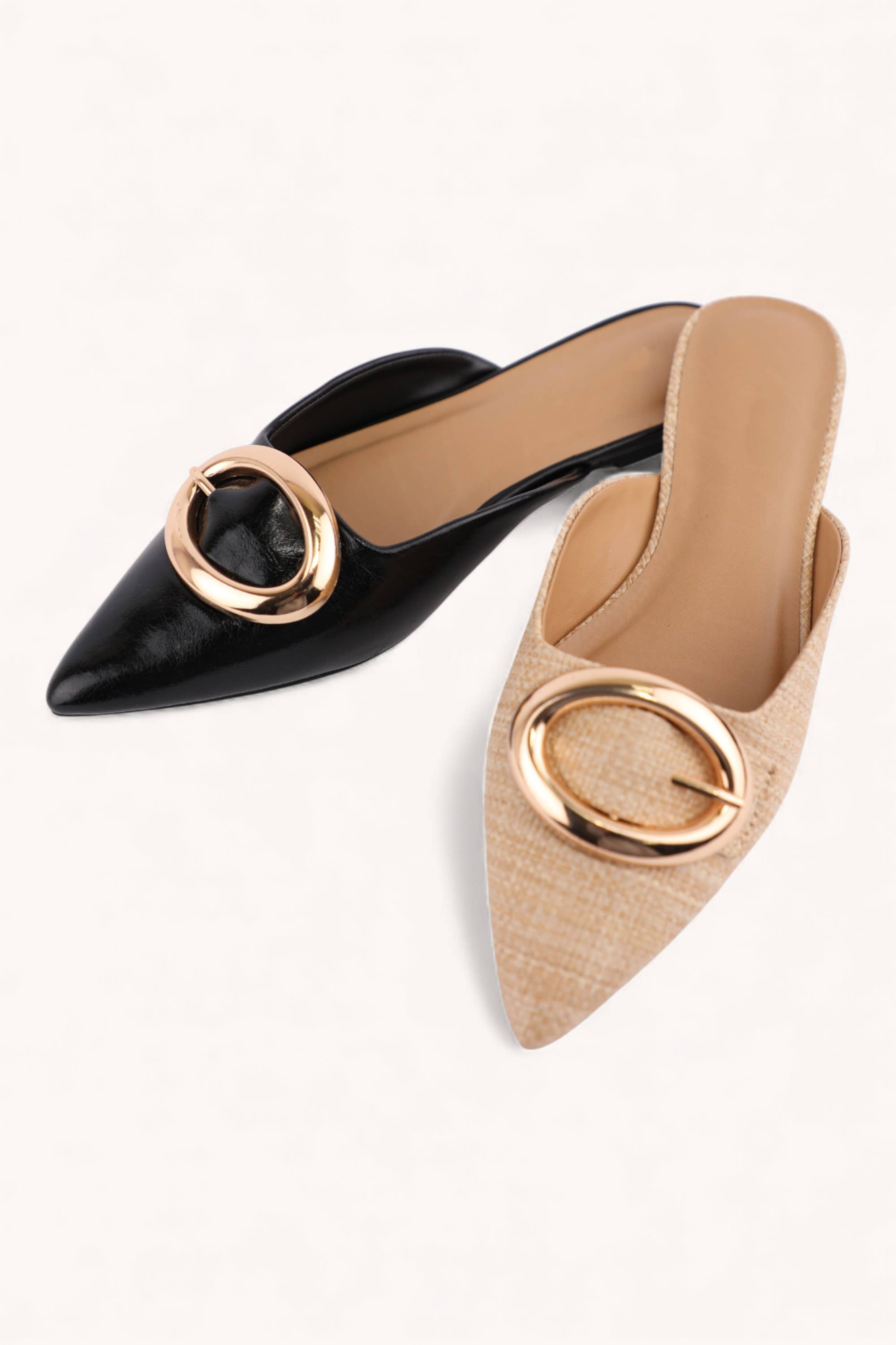 GOLD BUCKLE POINTED TOE MULES