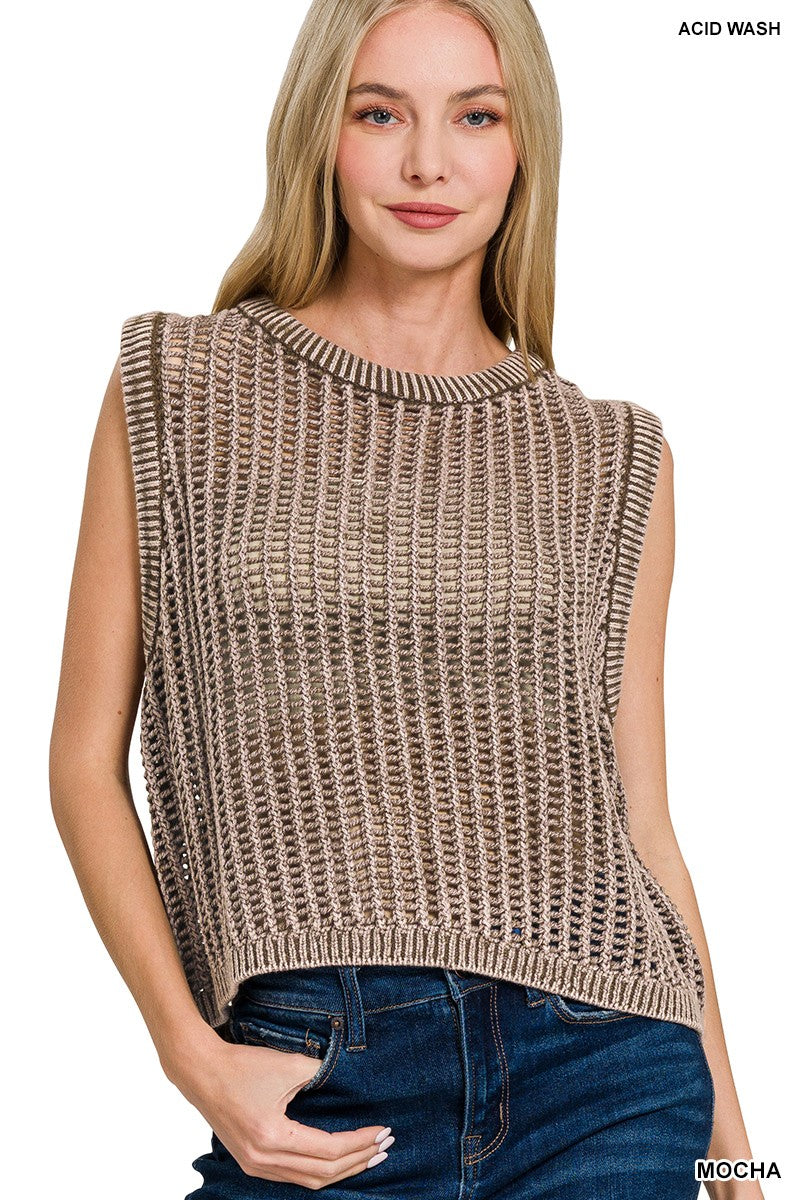 Acid Washed Crochet Sweater Vest
