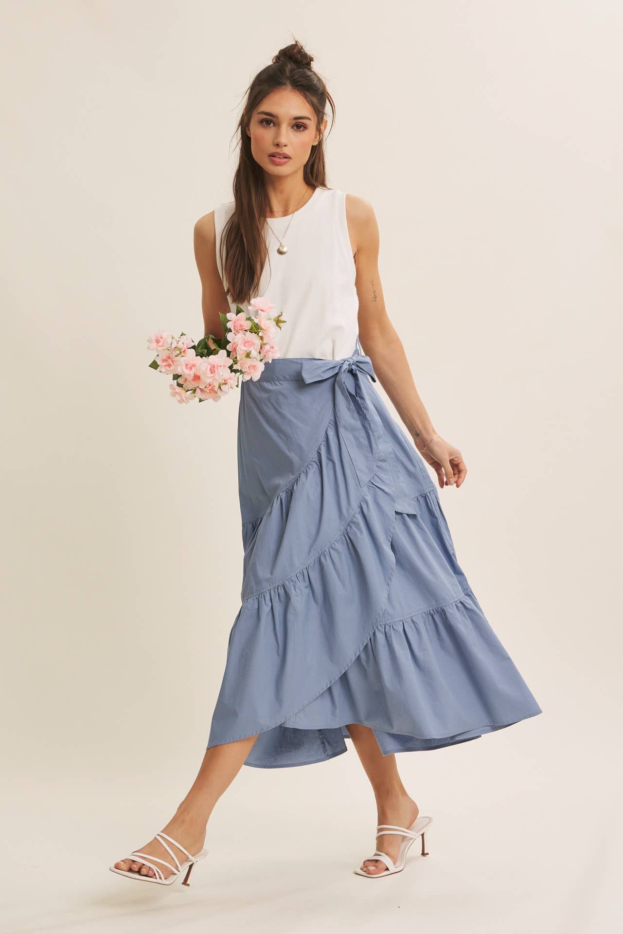 TIERED WRAP MIDI DRESS
