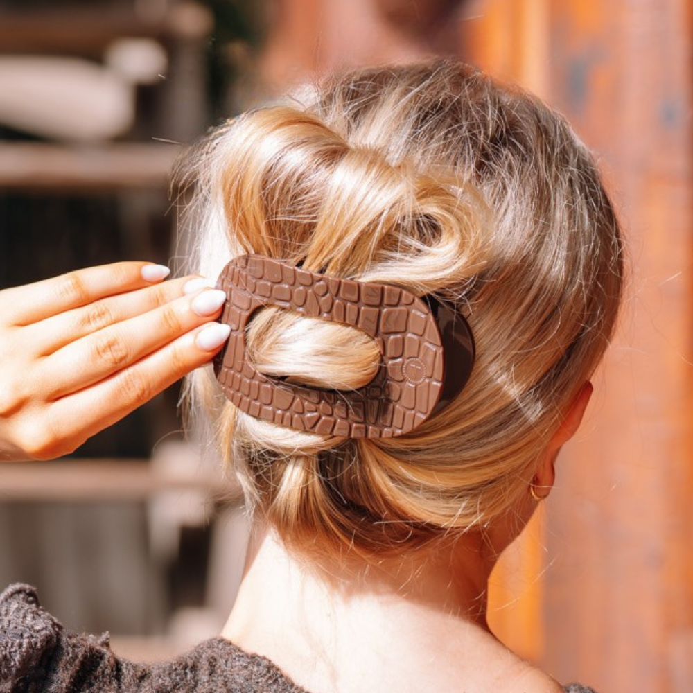 Brown Crocodile Large Flat Round Hair Clip