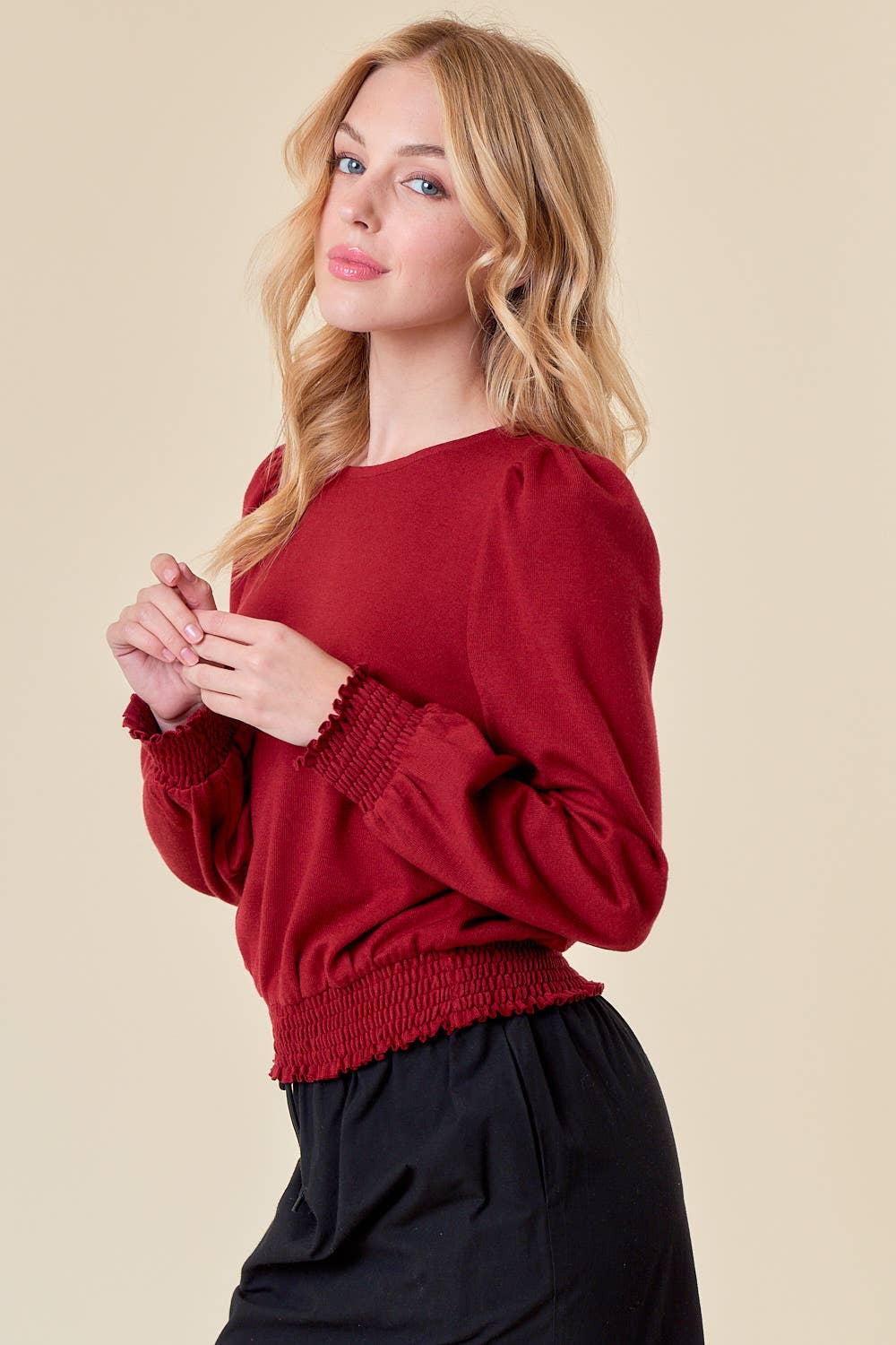 SMOCKED BOTTOM PUFF SLEEVE TOP